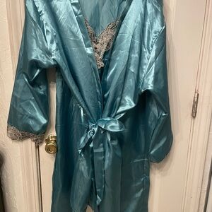 Elegant 3 piece teal satin pajama set. Camisole, full length pants and robe.